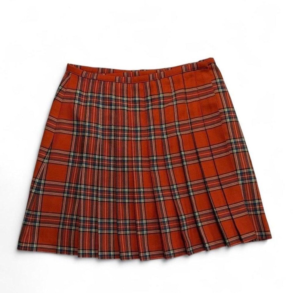 Vintage 90s The Limited Orange Plaid Pleated Skirt Wool Blend Mini Kilt